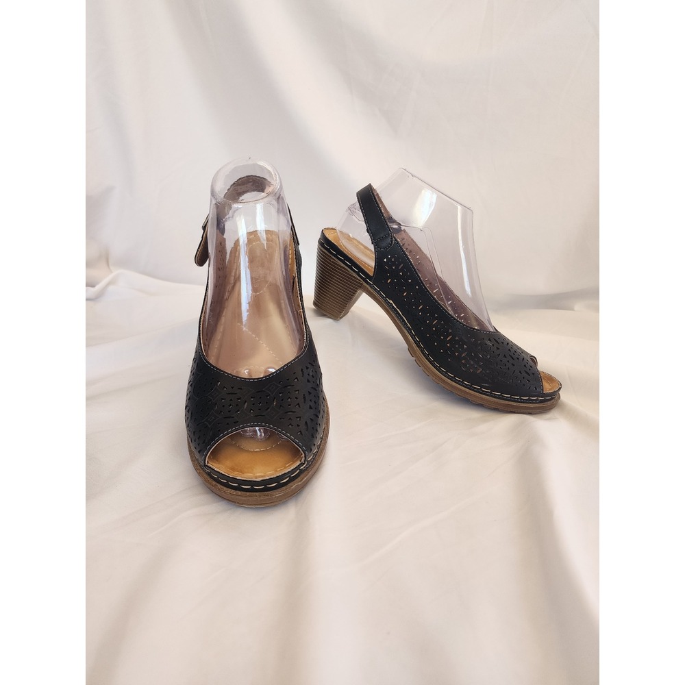 Patrizia by Spring Step Leeann Black Laser Cut Block Heel Sandals Womens Size 9